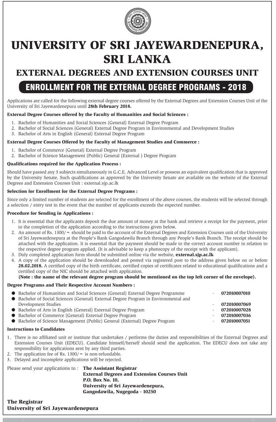 Enrollment for the External Degree Programs (2018) - University of Sri Jayewardenepura 